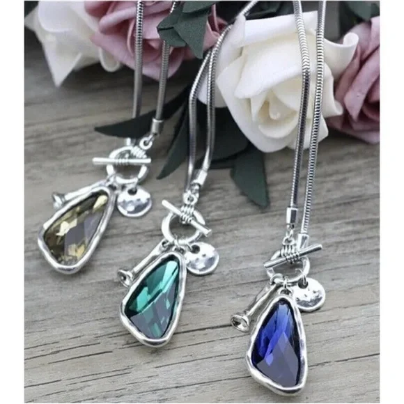 Silver 36" Long Faced Cristal Sweater Necklace Blue Womens Jewelry - Picture 2 of 10